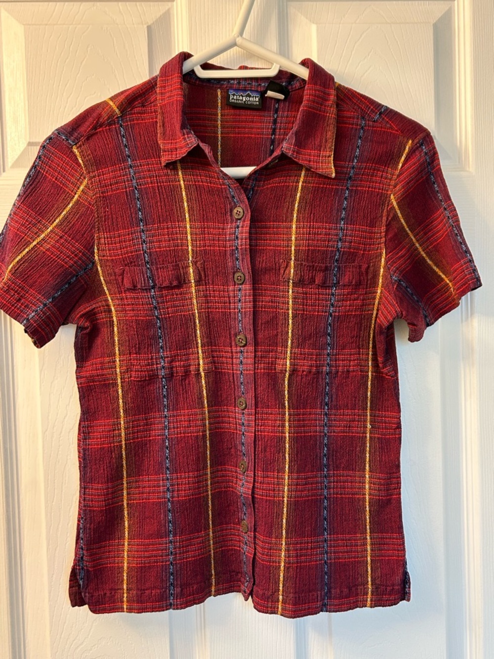 Patagonia Organic Cotton Plaid Button Up Shirt Womens Medium Red Short Sleeve